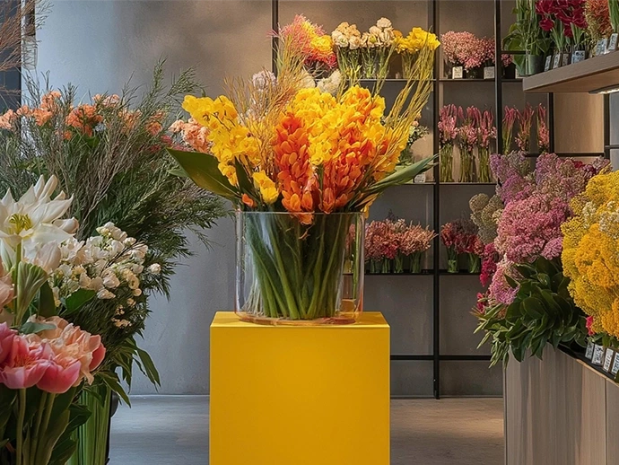Gele zuil met bloemen