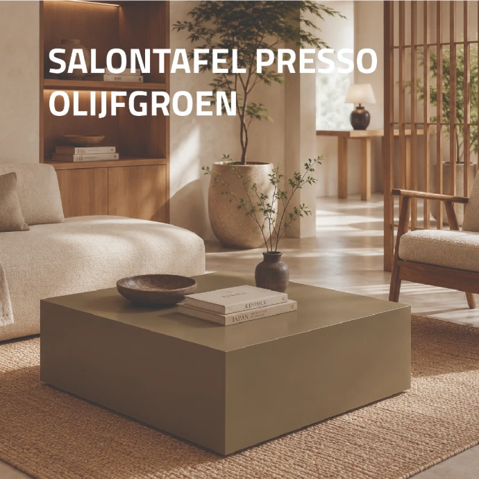 Olijfgroene salontafel in Japandi interieur