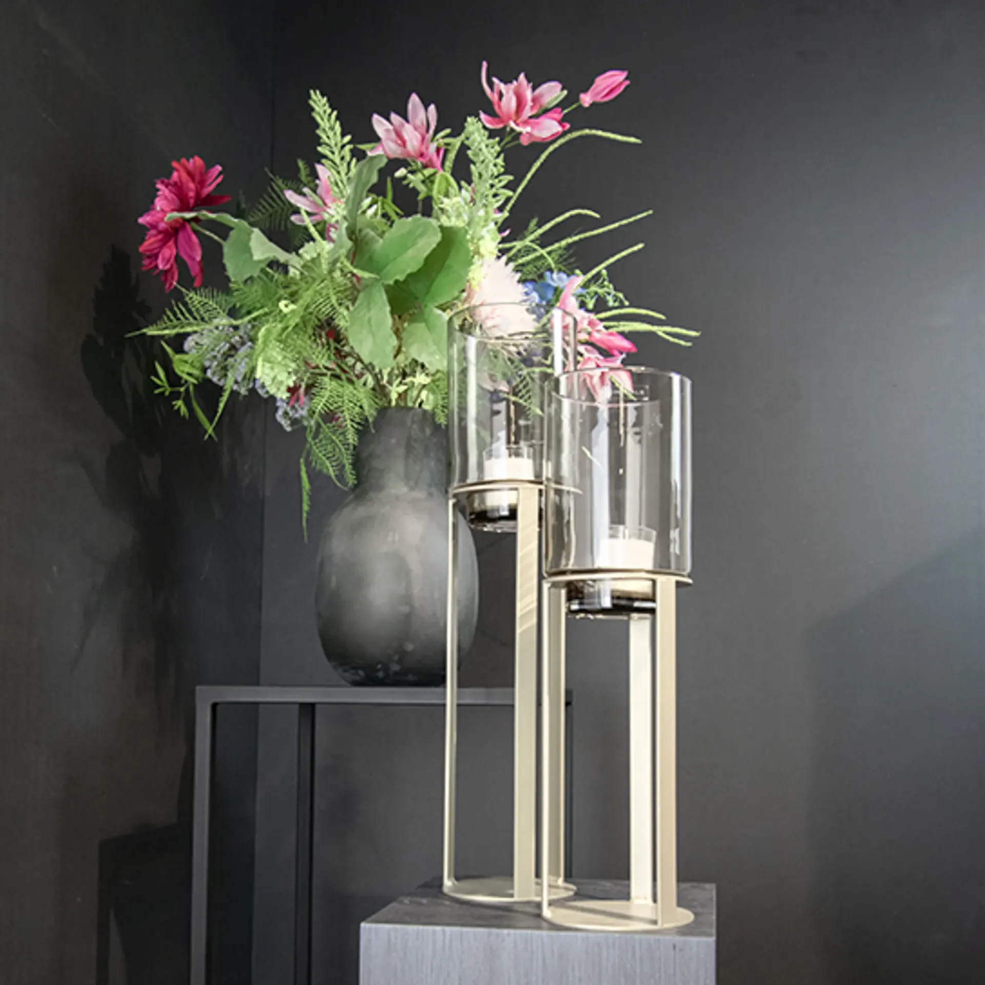 Sokkel Metaal Rond Ivoor wit incl. windlicht Topaz glas