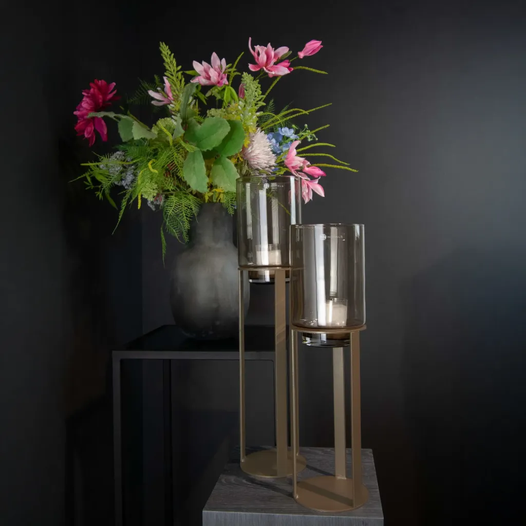 [4026] Sokkel Metaal Rond Metallic Bruin incl. windlicht Topaz glas (ø13.5 x 30 cm)